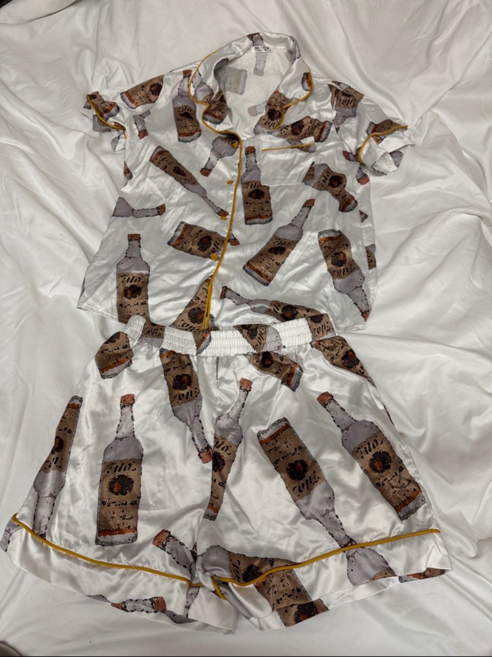 White Satin Tito’s Bottle-Print Pajama Set with Yellow Piping